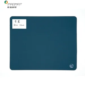 Blue Shark mouse pad front view – sharkskin-pattern woven surface with light blue accents and embossed SCR base