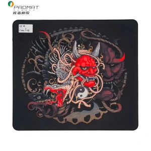 Divine Frog mouse pad front view showing red demon mask, dragon, and yin-yang design on black speed surface