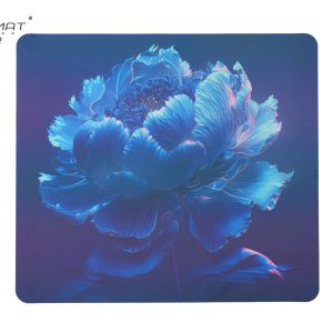 Rainbow coating mouse pad front view showing blue peony flower design on ultra-smooth fiberglass surface