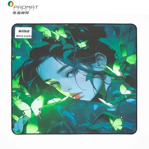Ghost Tracks mouse pad showing daylight effect with vibrant green anime girl and butterfly design on light-sensitive surface