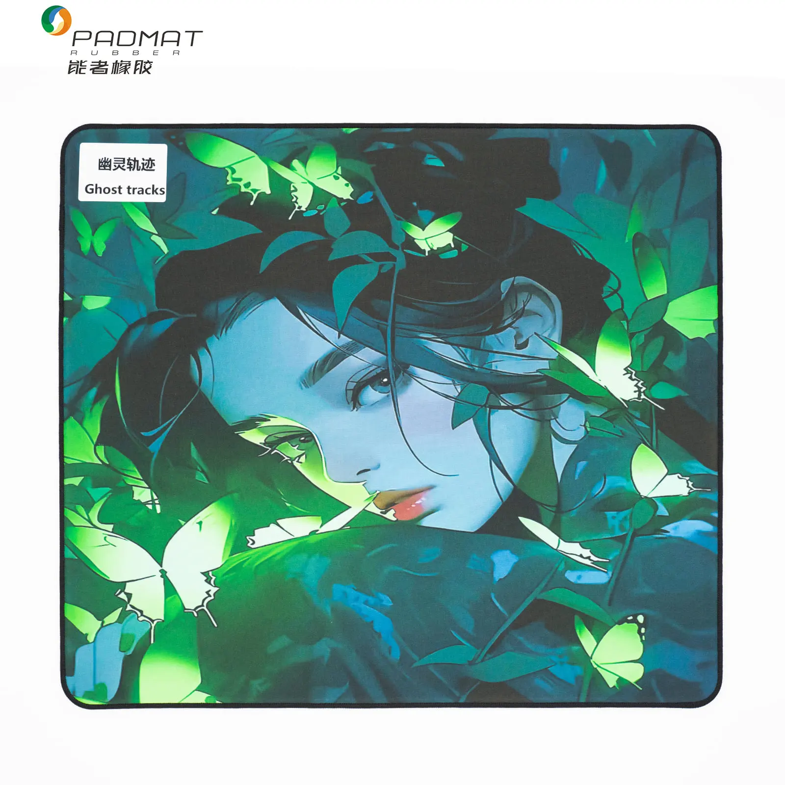 Ghost Tracks mouse pad showing daylight effect with vibrant green anime girl and butterfly design on light-sensitive surface