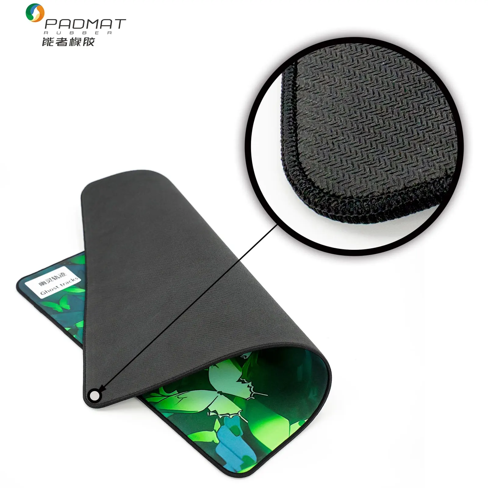 Ghost Tracks light-sensitive gaming mouse pad with natural rubber base, anti-slip texture, OEM/ODM custom surface printing