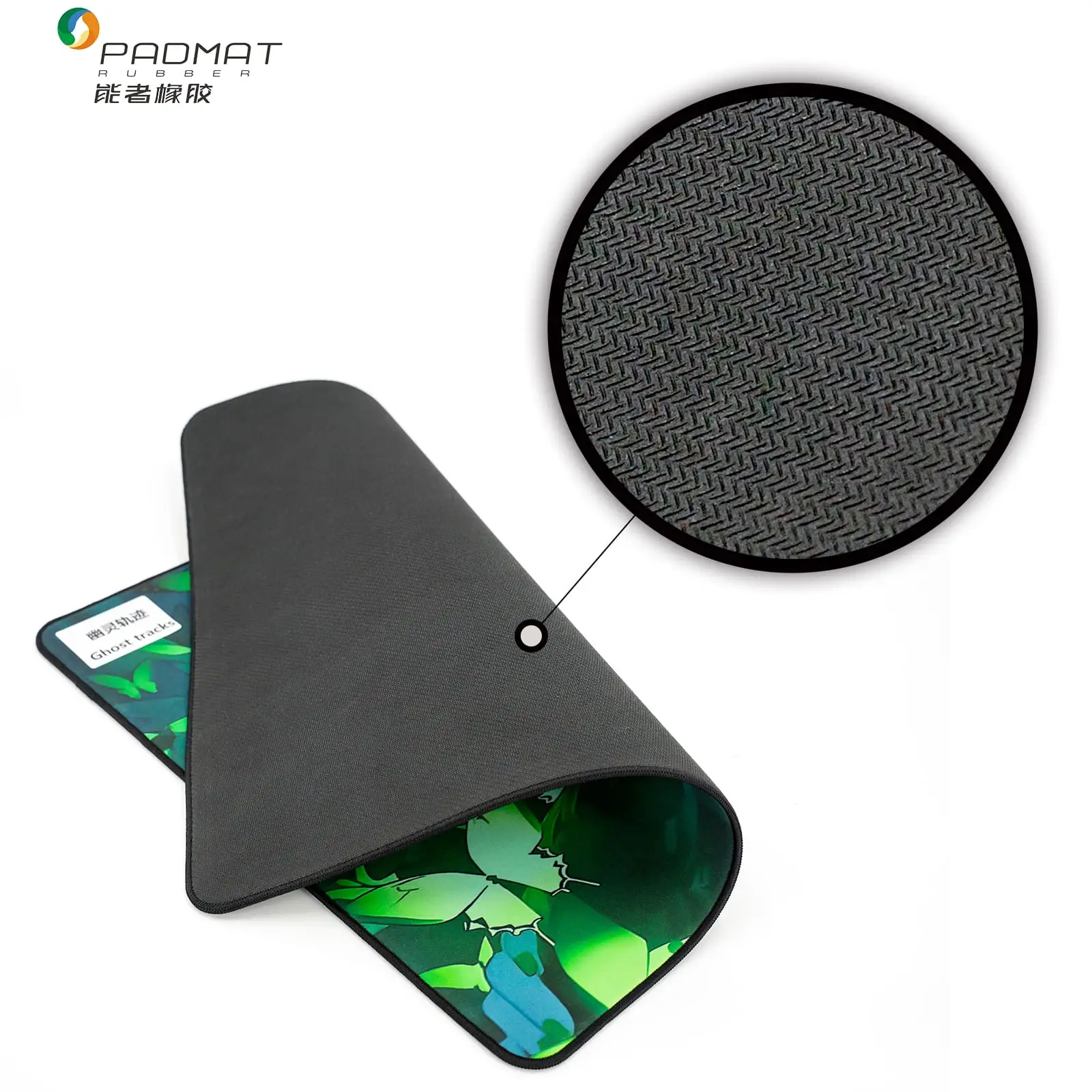 Ghost Tracks light-sensitive gaming mouse pad with natural rubber base, anti-slip texture, OEM/ODM custom surface printing