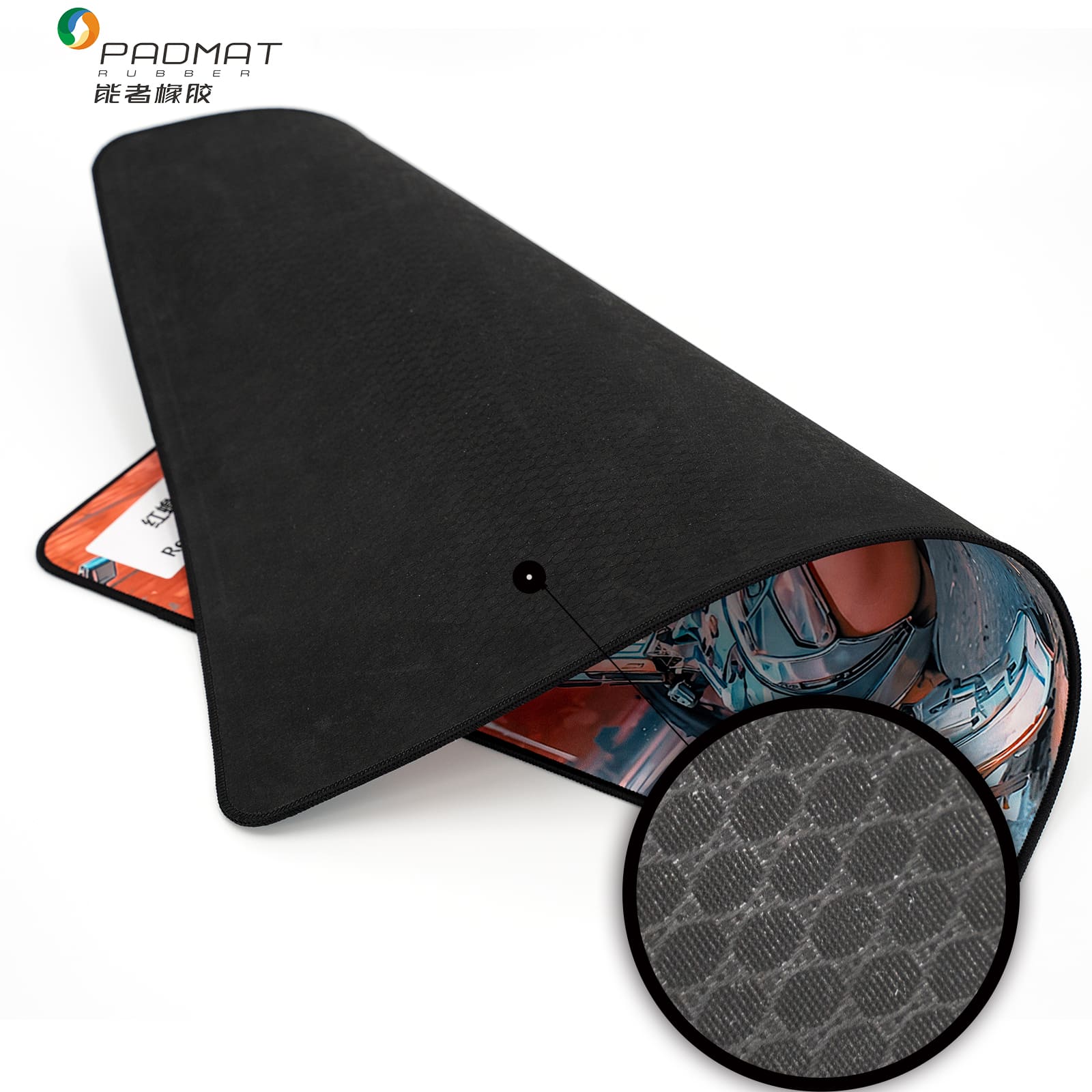 Balanced gaming mouse pad with a woven surface and natural rubber base, produced by a professional gaming mouse pad manufacturer Padmat Rubber for OEM applications.