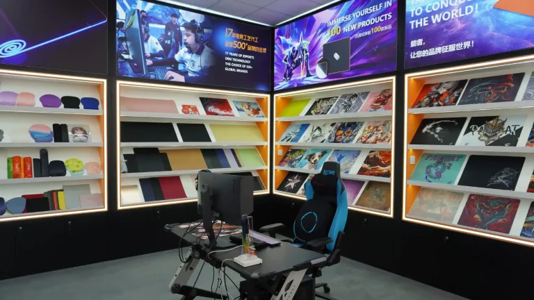 Padmat Rubber custom mousepad showroom display cabinet with gaming setup and product shelves