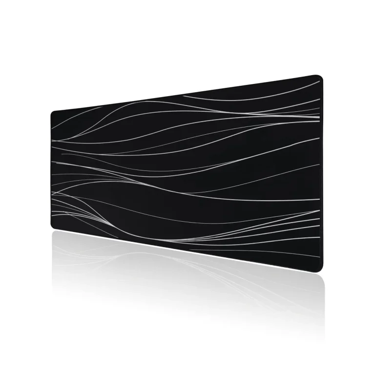 Black glass mousepad from Padmat Rubber with abstract white wave pattern, custom tempered glass mousepad for OEM orders