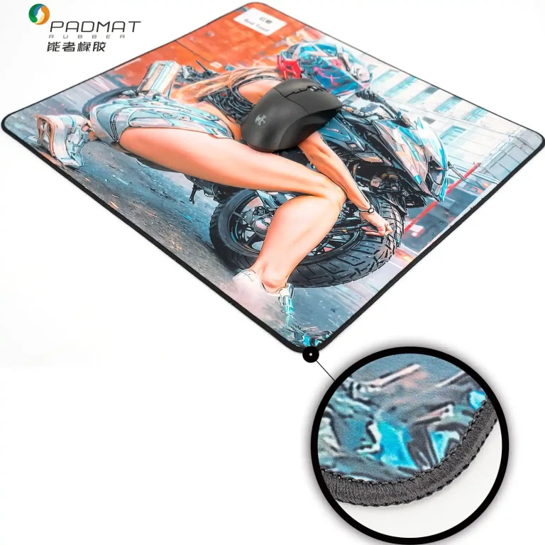 Red Toad gaming mouse pad with lock stitching edge close-up inset and black gaming mouse on cyberpunk design