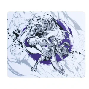 Azure Wolf gaming mouse pad featuring white tiger ink brush artwork with black and purple accents, shown from top view.