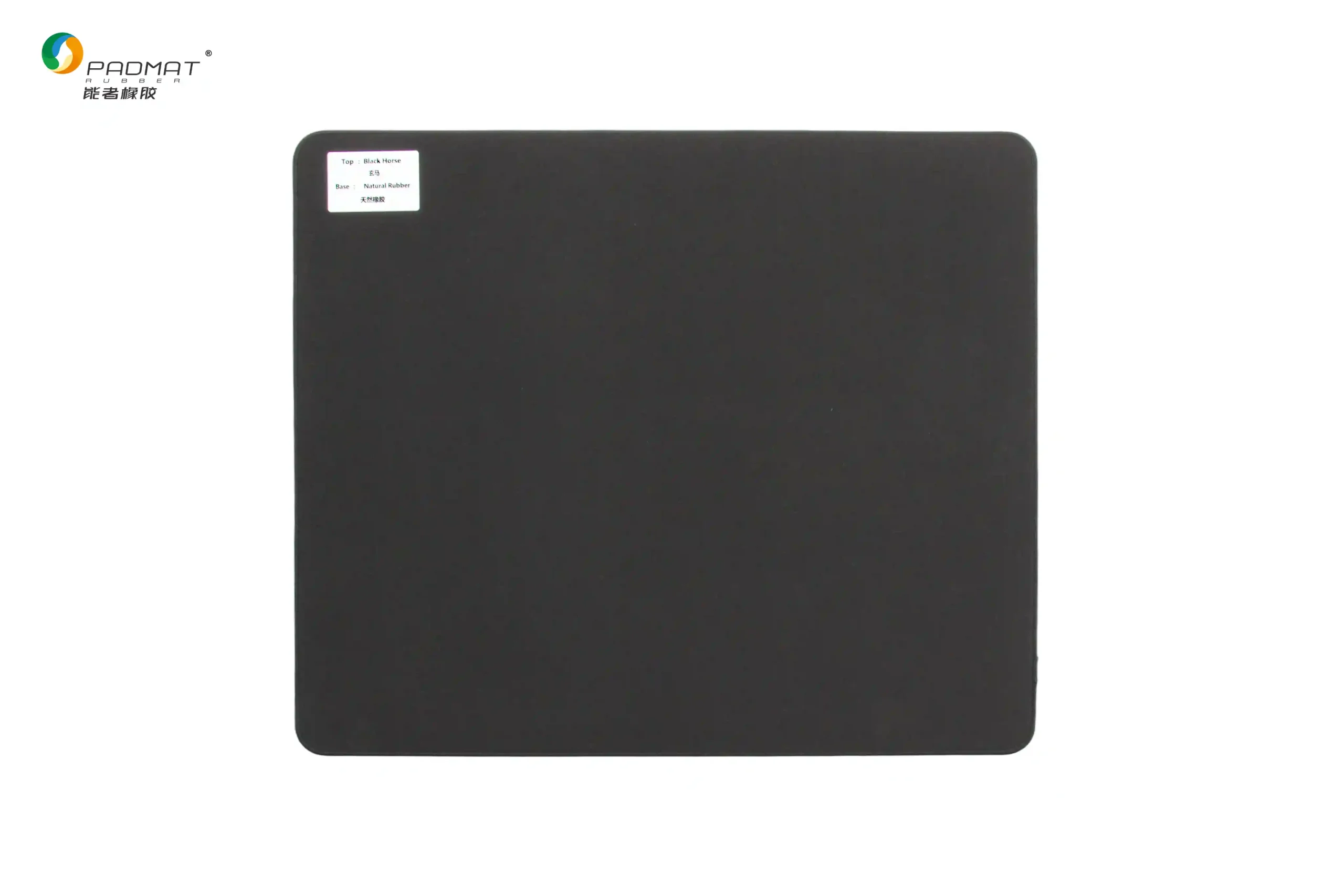 Black Horse gaming mouse pad in solid black with high-density fiber surface and product label, designed for smooth mouse glide.