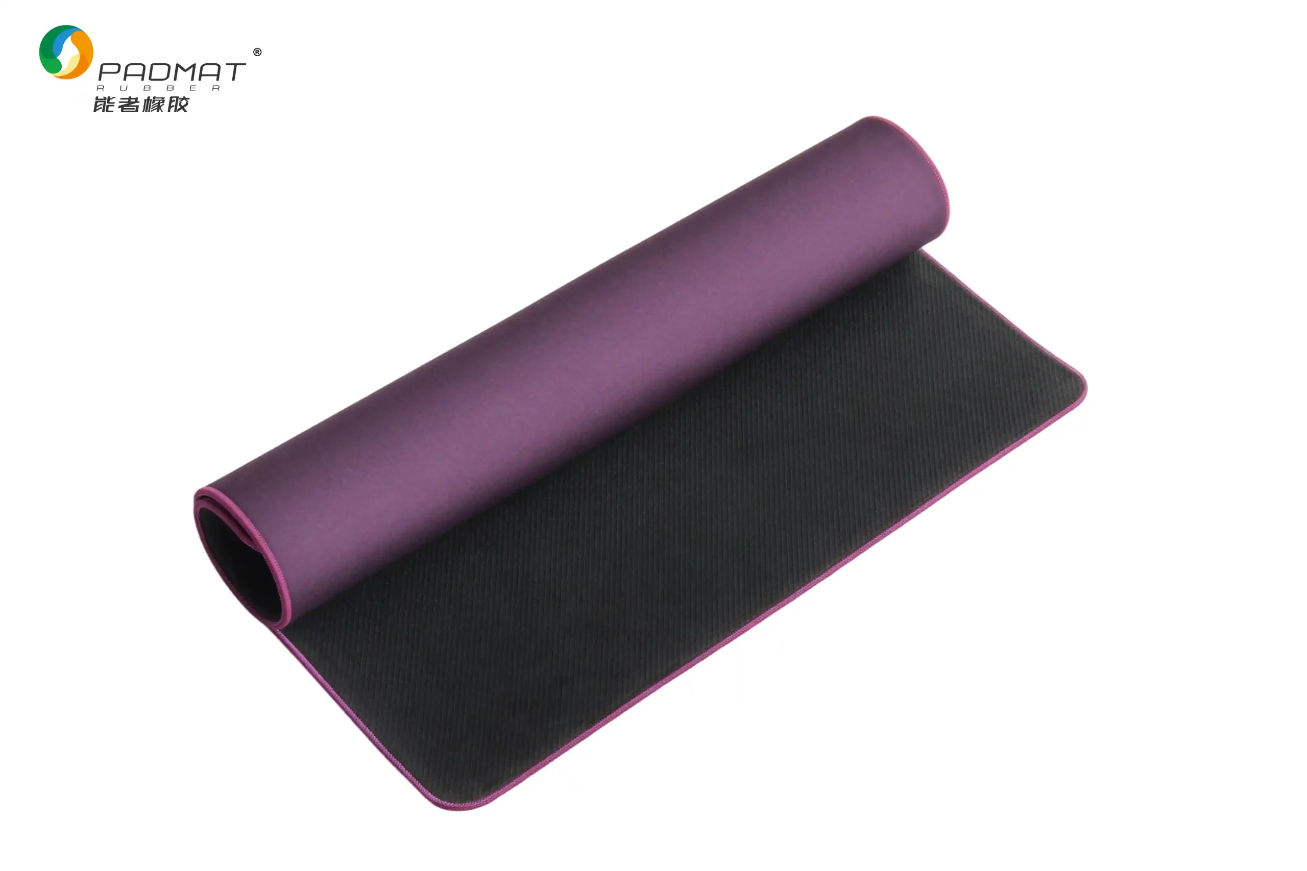 Danming speed gaming mouse pad rolled up showing purple surface, black rubber base, and purple edge stitching for low friction and fast tracking.