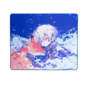 Jinchi gaming mouse pad featuring anime artwork of a white-haired boy embracing a red fox in the snow, with deep blue starry background.