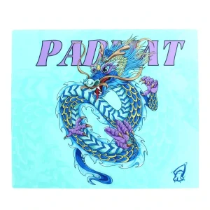 Padmat glass gaming mouse pad featuring blue dragon artwork with cyan background and ultra-smooth fine glass surface for precise control.