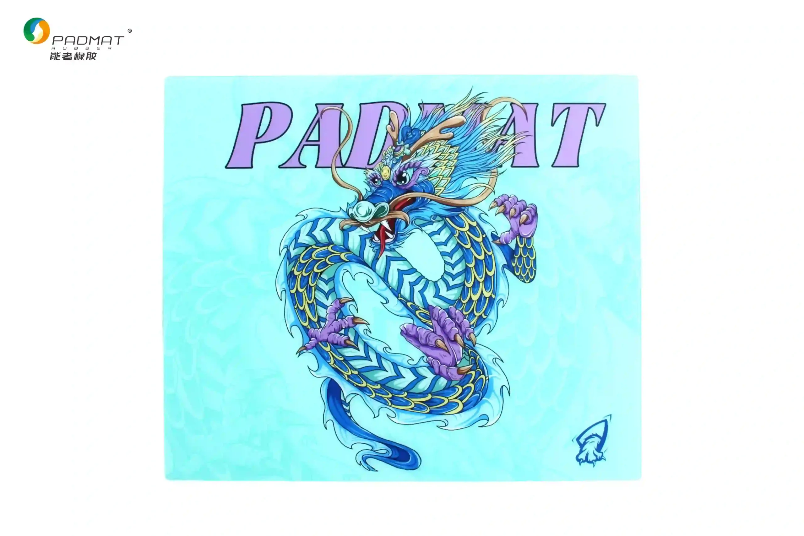 Padmat glass gaming mouse pad featuring blue dragon artwork with cyan background and ultra-smooth fine glass surface for precise control.