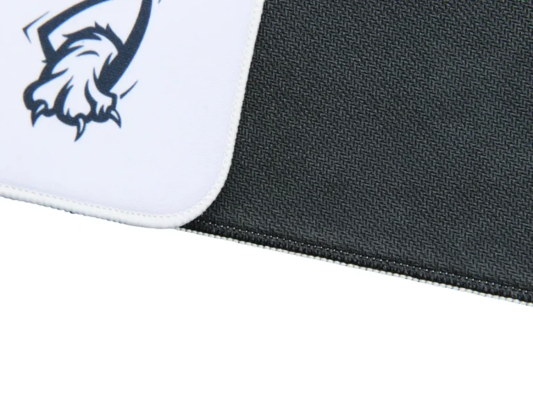 Macro split view of Twin Star tactical mouse pad, clear printed soft precision fabric paired with textured