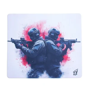Tactical printed Twin Star mouse pad, soft precise textured fabric surface, flexible eco natural rubber base with << anti-slip grain for accurate mouse positioning
