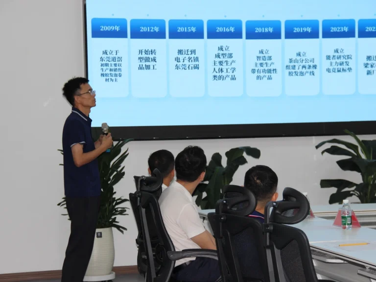 Chairman Zhou Yu holds a microphone to introduce the company's development status on the presentation screen to visiting People's Congress deputies