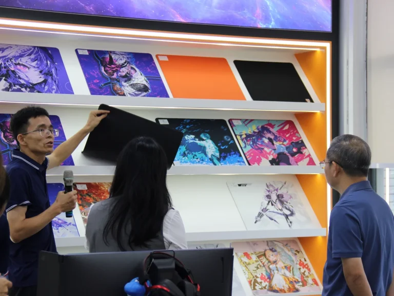Chairman introduces various patterned e-sports mouse pads on the display shelf to visiting People's Congress deputies