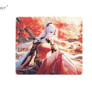 Twill Fabric gaming mouse pad featuring red maple anime girl artwork with white hair and red dress, shown from top view.