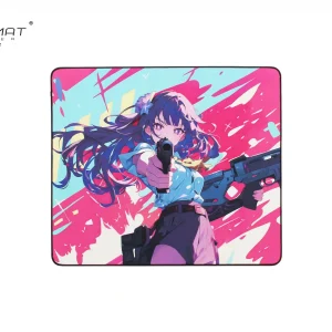 Waterproof Pearl gaming mouse pad featuring anime girl character holding a gun with pink and blue background, shown from top view.