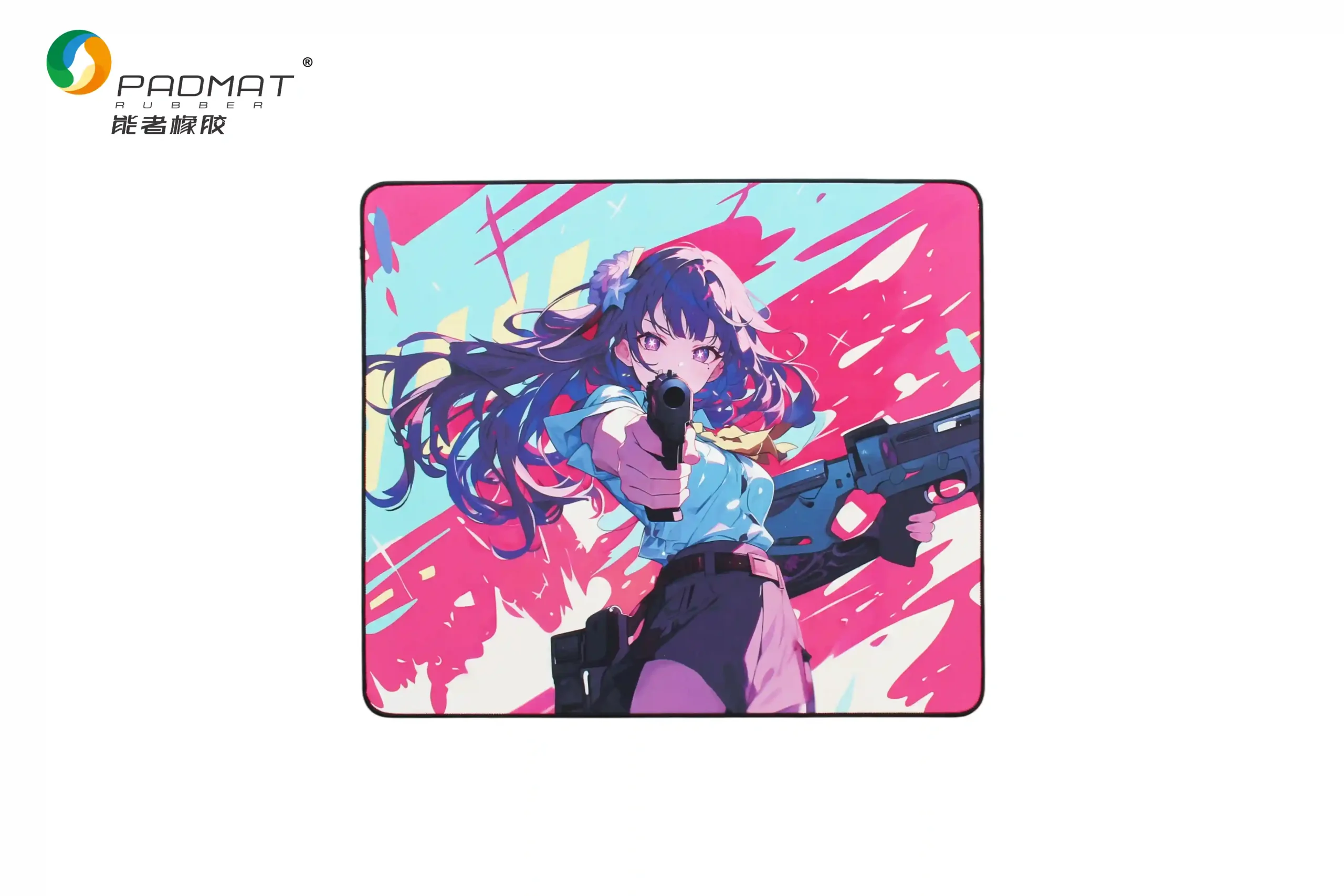 Waterproof Pearl gaming mouse pad featuring anime girl character holding a gun with pink and blue background, shown from top view.