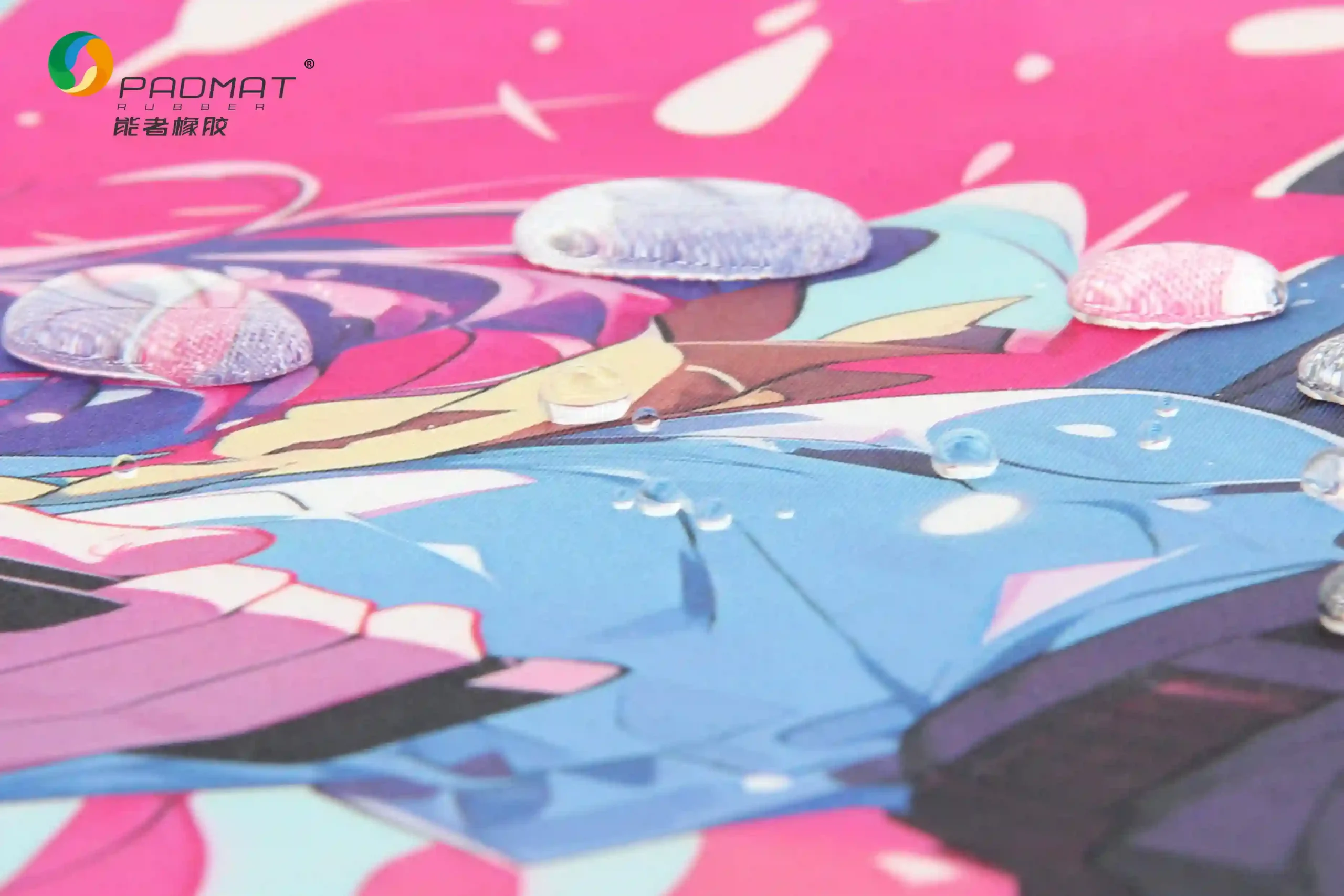Close-up of Waterproof Pearl gaming mouse pad with multiple water droplets beading on pink and blue anime artwork, demonstrating 4-level water resistance without coating.