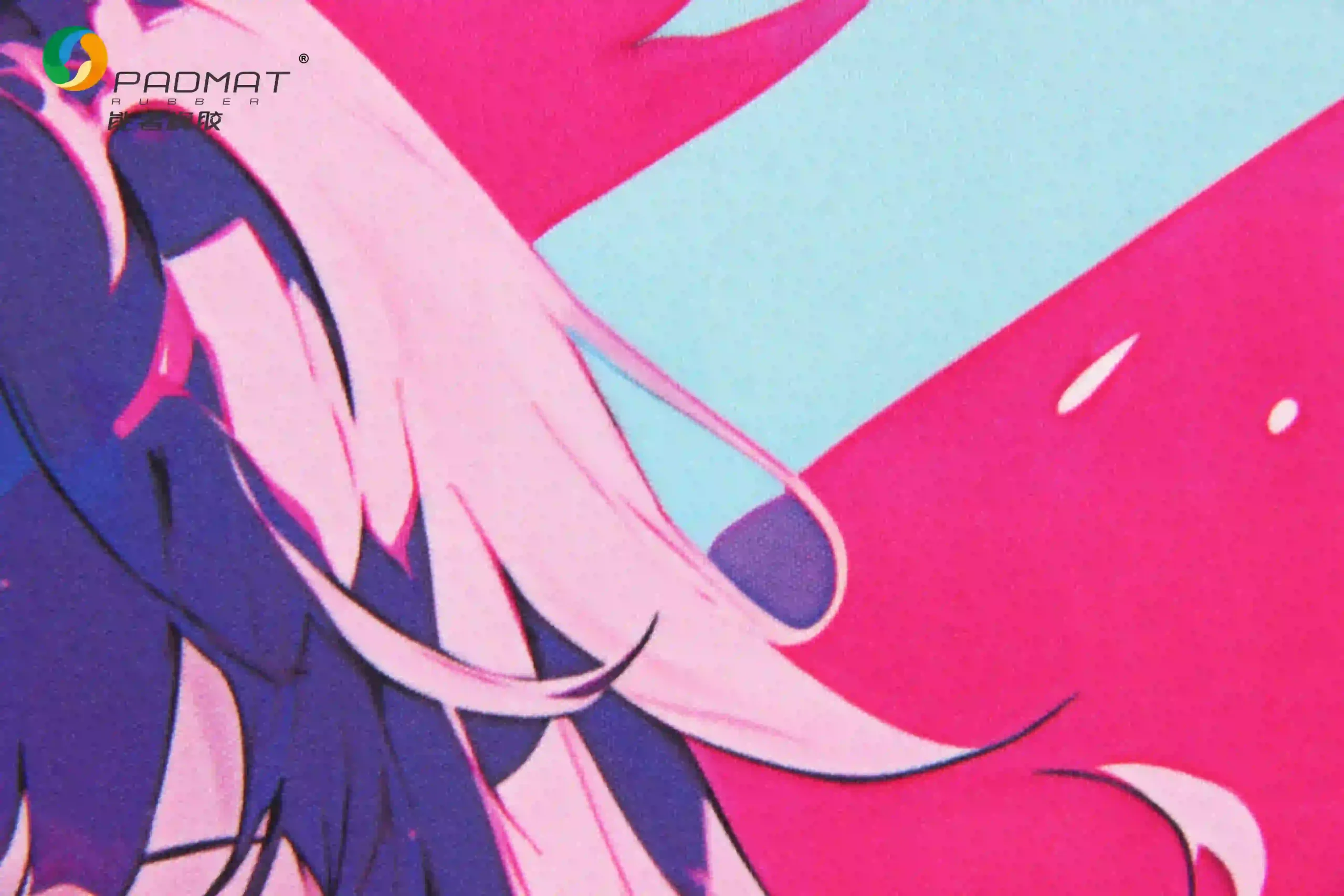 Close-up of Waterproof Pearl gaming mouse pad showing pink and blue anime artwork with high-density waterproof weave texture for smooth glide.