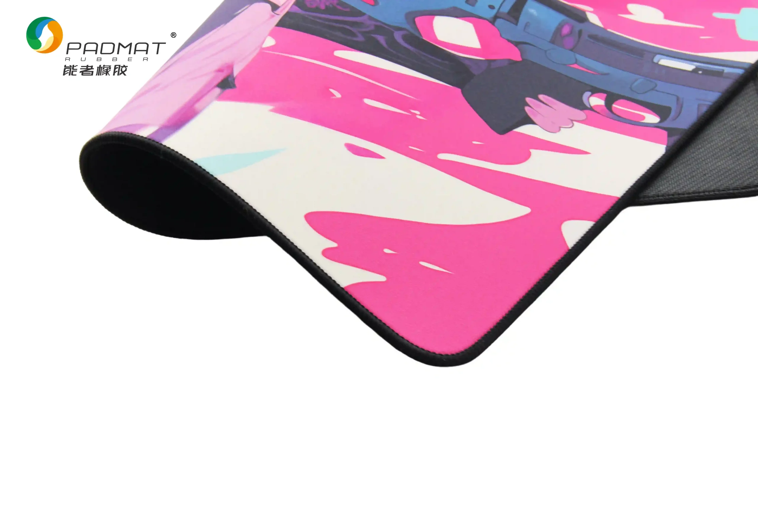 Close-up of Waterproof Pearl gaming mouse pad rolled edge showing pink anime artwork, black rubber base, and edge stitching for flexible durability.