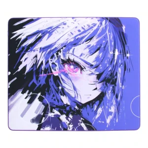 White Praying Mantis gaming mouse pad featuring anime girl character artwork with purple and white tones and pink eye detail, shown from top view.