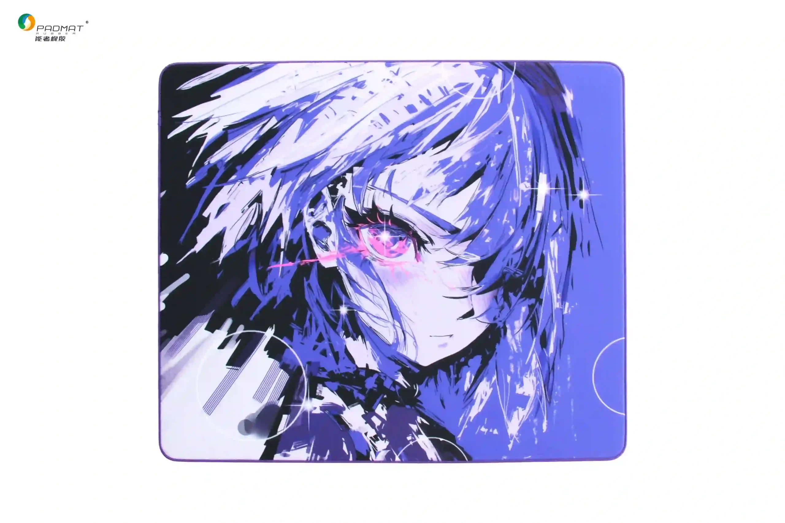 White Praying Mantis gaming mouse pad featuring anime girl character artwork with purple and white tones and pink eye detail, shown from top view.