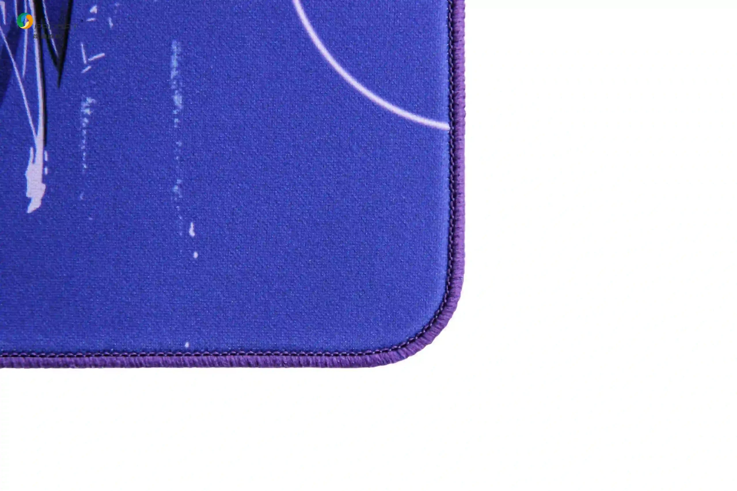 Close-up of White Praying Mantis gaming mouse pad purple stitched edge showing durable locked stitching and tight fabric weave texture.