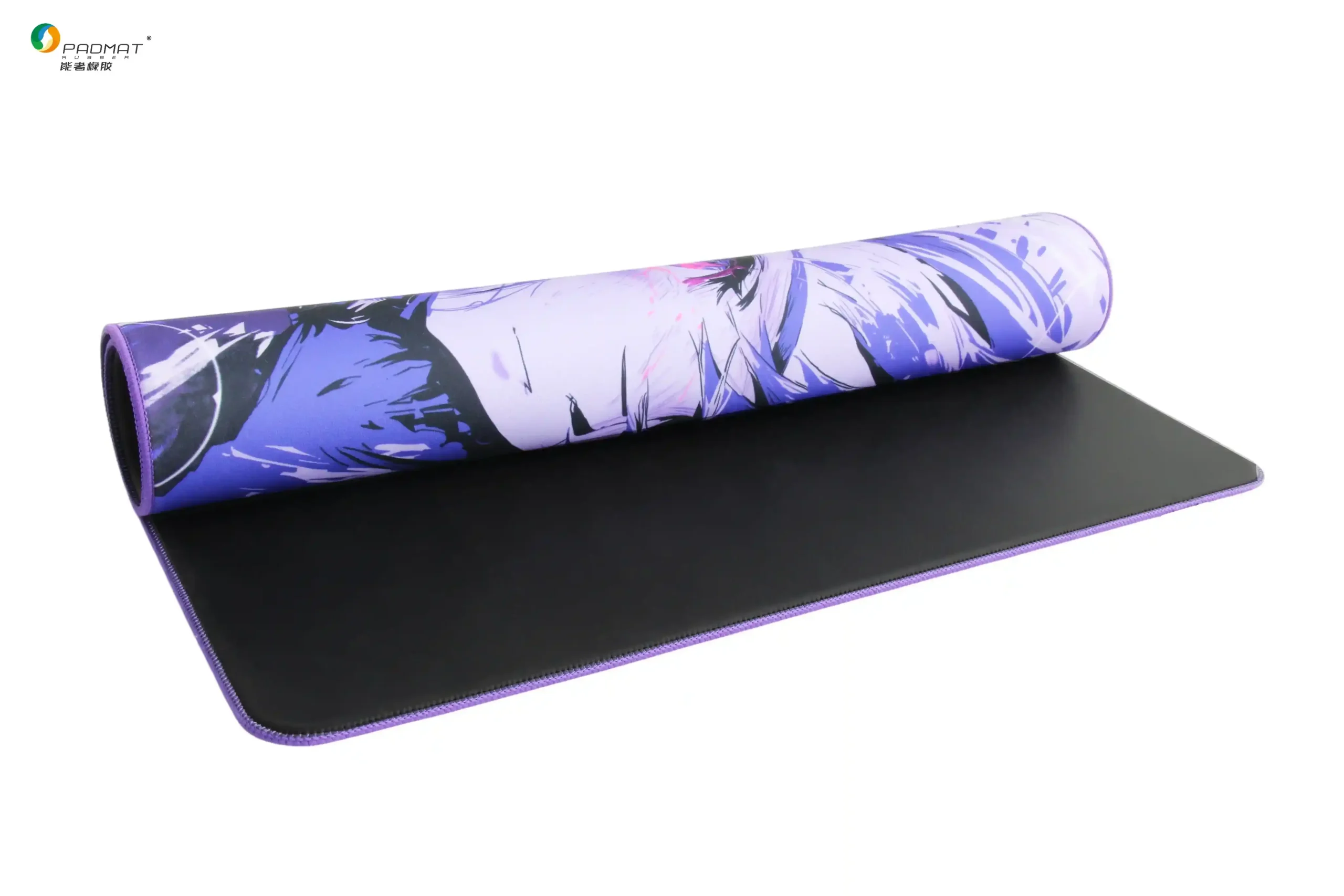 White Praying Mantis gaming mouse pad rolled up to show purple edge stitching, anime girl artwork on top, and black anti-slip rubber base on the bottom.