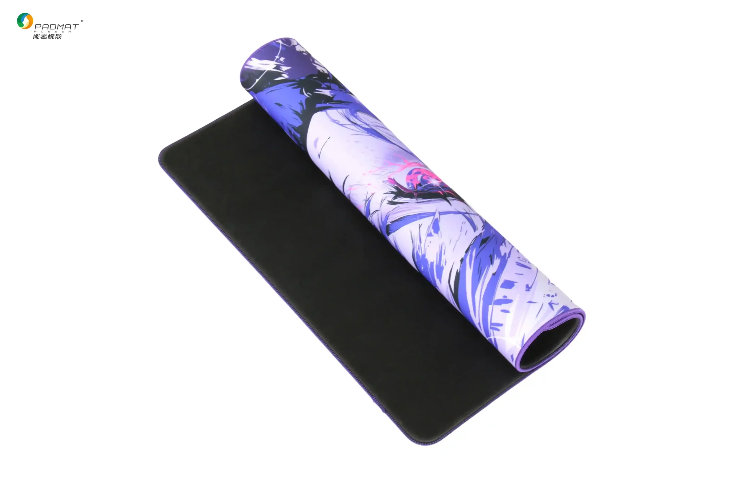 White Praying Mantis gaming mouse pad rolled from top-down angle showing purple edge stitching, anime girl artwork, and black anti-slip rubber base.
