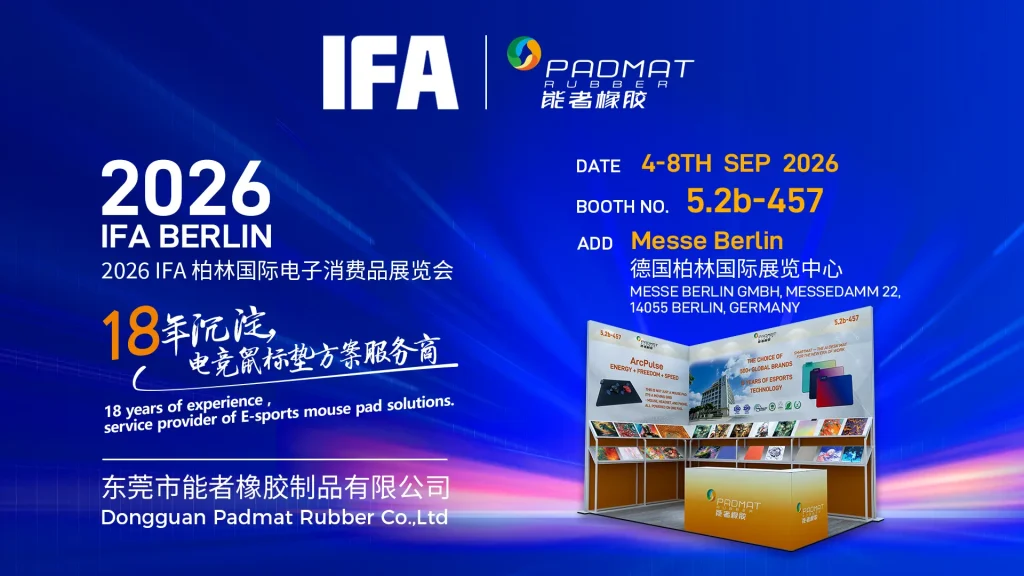 Exhibition poster for Padmat Rubber at IFA Berlin 2026, booth No.5.2b-457, 4-8 September, professional esports mouse pad manufacturer